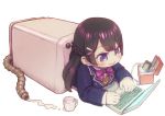  1girl :&gt; black_hair blush bow bowtie braid cellphone chibi collared_shirt computer eyebrows_visible_through_hair feral_lemma fingernails french_braid from_side holding jacket laptop long_hair long_sleeves nijisanji phone pink_neckwear purple_jacket shirt simple_background smartphone smile solo tsukino_mito vest violet_eyes virtual_youtuber washing_machine white_background white_shirt wing_collar 