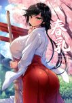  1girl absurdres ass bangs black_hair blue_sky breasts broom bush cherry_blossoms closed_mouth clouds cloudy_sky cover cover_page covered_nipples day doujin_cover eyebrows_visible_through_hair grass green_eyes highres holding holding_broom huge_breasts japanese_clothes long_hair long_skirt long_sleeves looking_at_viewer looking_back miko original outdoors pantylines red_skirt sanshoku_amido shiny shiny_hair skirt sky smile solo tree wide_sleeves 