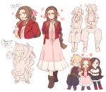  2boys 2girls aerith_gainsborough anger_vein arm_hug black_hair blush boots braid braided_ponytail brown_footwear brown_hair chair chibi cloud_strife crop_top cropped_jacket dress final_fantasy final_fantasy_vii final_fantasy_vii_remake folding_chair highres jacket looking_at_viewer midriff mimiblargh multiple_boys multiple_girls navel open_mouth red_jacket sandwiched skirt smile thigh-highs tifa_lockhart zack_fair 