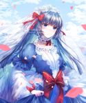  1girl absurdres bangs blue_dress blue_eyes blurry_foreground blush bow bridal_veil clouds commission day dress eyebrows_visible_through_hair floating_hair grin hair_bow highres long_hair long_sleeves original outdoors petals red_bow short_over_long_sleeves short_sleeves silver_hair slit_pupils smile solo standing takano_jiyuu twitter_username veil watermark 