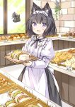 1girl :d animal_ear_fluff animal_ears apron bakery black_bow black_hair black_skirt blush bow bread brick_wall cat_ears commentary_request day fang food frilled_apron frills holding holding_tray indoors juliet_sleeves komugi_(wataame27) long_sleeves looking_at_viewer maid_headdress open_mouth original puffy_sleeves sandwich shirt shop skirt smile solo translation_request tray violet_eyes wataame27 white_apron white_shirt window 