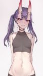  1girl alternate_hairstyle arms_behind_back bangs bare_arms bare_shoulders black_shirt breasts choker crop_top eyebrows_visible_through_hair eyeshadow fate/grand_order fate_(series) grey_background grin groin headpiece horns long_hair looking_at_viewer makeup midriff navel oni oni_horns purple_hair sherryqq shirt shuten_douji_(fate/grand_order) simple_background sleeveless sleeveless_shirt small_breasts smile solo stomach thick_eyebrows twintails upper_body violet_eyes 