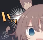  1girl @_@ amiya_(arknights) animal_ear_fluff animal_ears arknights bangs beni_shake blue_eyes brown_hair commentary_request eyebrows_visible_through_hair face gradient gradient_background grey_background hair_between_eyes looking_at_viewer open_mouth rabbit_ears signature solo translation_request 