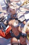  1girl absurdres animal_ears bangs body_markings breasts caenis_(fate) dark_skin fate/grand_order fate_(series) gloves headpiece highres large_breasts long_hair looking_at_viewer navel pauldrons polearm shield smile solo spear sukocchi tattoo thigh-highs weapon 