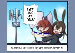  2girls absurdres acrylicstroke0205 amiya_(arknights) animal_ears arknights blue_eyes brown_hair cellular_tower english_commentary english_text highres hood hoodie jacket multiple_girls myrtle_(arknights) outdoors pointy_ears rabbit_ears 