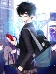  1boy amamiya_ren black_bag black_hair black_jacket building commentary_request eye_mask glasses hair_between_eyes highres holding holding_phone jacket kyundoo looking_at_viewer male_focus mask outdoors persona persona_5 persona_5_the_royal phone short_hair solo_focus 