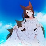  1girl akagi_(azur_lane) alternate_costume animal_ears ass_visible_through_thighs azur_lane bangs blue_sky brown_hair clouds commentary_request dated day dress dress_lift eyebrows_visible_through_hair fox_ears fox_tail grin hair_ornament head_tilt highres legs_apart long_hair looking_at_viewer multiple_tails outdoors red_eyes see-through sidelocks signature skirt skirt_lift sky smile solo standing sundress suzuki-san_(szk3tv) swept_bangs tail water waves white_dress x_hair_ornament 