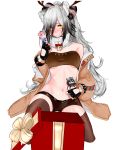  1girl absurdres animal_ear_fluff animal_ears arknights bandeau bangs bare_shoulders black_bow black_gloves black_legwear black_shorts blush bow box breasts brown_jacket cat_ears ceylon_(arknights) character_doll commentary eyebrows_visible_through_hair fake_antlers fingerless_gloves gift gift_box gloves hair_bow hair_over_one_eye hand_up highres holding jacket long_hair long_sleeves looking_at_viewer medium_breasts micro_shorts midriff minew_(zpky5744) navel off_shoulder open_clothes open_jacket schwarz_(arknights) shorts silver_hair simple_background solo stomach strapless thigh-highs thighs tubetop turtleneck white_background yellow_eyes 