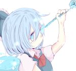  1girl arm_up ascot bangs blue_bow blue_eyes blue_hair blush bow cirno closed_mouth expressionless eyebrows_visible_through_hair flower frilled_bow frills from_side hair_between_eyes hair_bow hair_ornament holding ice ice_flower inasa_orange looking_away nose_blush red_neckwear short_hair short_sleeves simple_background solo tareme touhou upper_body white_background wing_collar wings 