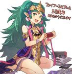  1girl barefoot braid dress famicom fire_emblem fire_emblem:_three_houses game_console green_eyes green_hair hair_ornament holding long_hair nij_24 nintendo_switch open_mouth pointy_ears ribbon_braid simple_background sitting solo sothis_(fire_emblem) tiara twin_braids white_background 