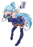  1girl absurdres alcohol aqua_(konosuba) bandaged_leg bandages bare_shoulders beer blue_eyes blue_footwear blue_hair blue_legwear blue_shirt blue_skirt boots bow breasts detached_sleeves eyebrows_visible_through_hair green_bow hagoromo hair_ornament hair_rings highres jikatarou kono_subarashii_sekai_ni_shukufuku_wo! long_hair looking_at_viewer medium_breasts open_mouth shawl shirt simple_background skirt smile solo tagme thigh-highs thigh_boots thighhighs_under_boots very_long_hair 