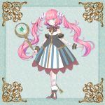  1girl armlet arry_(pixiv_fantasia_last_saga) bangs blue_background blue_eyes blunt_bangs bow brown_bow dress full_body hair_ribbon holding holding_staff katou_(kat0) long_hair looking_at_viewer pink_hair pixiv_fantasia pixiv_fantasia_last_saga ribbon simple_background solo staff standing striped striped_dress twintails very_long_hair white_ribbon wrist_cuffs zipper 