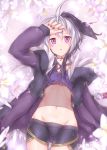  1girl absurdres ass_visible_through_thighs belt bike_shorts blurry_foreground collar commentary cowboy_shot ekaki-ya_okamoto expressionless flower flower_(vocaloid) fur-trimmed_jacket fur_trim gynoid_talk hand_on_own_head hand_up highres jacket light_blush looking_at_viewer lying midriff multicolored_hair navel on_back parted_lips purple_hair purple_jacket purple_tubetop solo streaked_hair thigh_gap v_flower_(gynoid_talk) violet_eyes vocaloid white_hair 