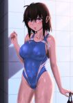  1girl black_hair blue_eyes blue_swimsuit breasts collarbone competition_swimsuit contrapposto cowboy_shot goggles goggles_removed highres holding_goggles looking_at_viewer m0nsoo00n medium_breasts one-piece_swimsuit open_mouth original short_hair solo standing swim_cap_removed swimsuit tile_wall tiles 