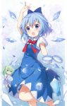  2girls :d :o absurdres arm_up bangs barefoot blue_bow blue_dress blue_eyes blue_hair blue_wings blush bow chibi cirno collared_dress collared_shirt commentary_request daiyousei dress eyebrows_visible_through_hair fairy_wings green_eyes green_hair hair_between_eyes hair_bow highres holding ice ice_cube ice_wings long_hair minigirl multiple_girls open_mouth puffy_short_sleeves puffy_sleeves red_bow shirt short_sleeves side_ponytail sidelocks sleeveless sleeveless_dress smile snowflakes standing standing_on_one_leg stick_jitb touhou white_shirt wings yellow_bow 