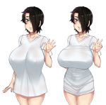  1girl aqua_eyes arm_behind_back black_hair breasts collarbone commentary covered_nipples cowboy_shot english_commentary grin hair_over_one_eye hand_up large_breasts looking_at_viewer multiple_views no_pants original pajamas_challenge saya_(twrlare) shirt short_hair short_sleeves simple_background smile t-shirt taut_clothes taut_shirt twrlare w white_background white_shirt 