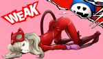  1girl absurdres ass blue_eyes bodysuit boots cat_mask cat_tail catsuit dazed defeat fake_tail full-length_zipper gloves hair_ornament heart heart-shaped_pupils high_heel_boots high_heels highres jack_frost latex ozkh parted_lips persona persona_5 pink_background pink_gloves platinum_blonde_hair red_bodysuit red_footwear simple_background symbol-shaped_pupils tail takamaki_anne thigh-highs thigh_boots top-down_bottom-up twintails zipper 