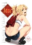  1girl absurdres ass bare_arms bare_shoulders belt black_belt black_footwear blonde_hair boots braid breasts cover denim doujin_cover eyebrows_visible_through_hair fate/apocrypha fate_(series) from_behind full_body green_eyes hair_ornament hair_scrunchie highres jacket jacket_over_shoulder jeans looking_at_viewer looking_back mordred_(fate)_(all) number one_eye_closed orange_maru pants ponytail red_scrunchie scan scrunchie short_shorts shorts simple_background small_breasts solo squatting white_background yang-do 