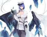  1girl absurdres azur_lane belt black_belt black_gloves blue_eyes blue_hair blush breasts chain chapayev_(azur_lane) coat_dress eyebrows_visible_through_hair gloves hair_ornament hair_over_one_eye hairclip hamul hat highres ice jacket large_breasts looking_at_viewer military_hat mole mole_on_breast monster pantyhose peaked_cap short_hair smile solo white_headwear white_jacket 