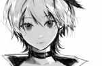  1girl belt_collar collar collarbone expressionless flower_(vocaloid) greyscale highres jacket lipstick looking_at_viewer makeup monochrome multicolored_hair portrait short_hair solo streaked_hair v_flower_(vocaloid4) vocaloid white_background yobigoe 