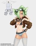  1girl animal_ears artist_name belt black_belt black_gloves blush brown_eyes brown_jacket cat_ears crop_top denim denim_shorts deviantart_username eyebrows_visible_through_hair fang fingerless_gloves gloves goggles goggles_on_head green_hair gremlin_(monster_girl_encyclopedia) grey_legwear hair_over_one_eye hand_on_hip hand_on_own_chest highres hood hood_down jacket long_hair long_sleeves looking_at_viewer monster_girl monster_girl_encyclopedia parted_lips ponytail shorts smile solo tan tanline teeth thigh-highs valldor vkontakte_username watermark web_address 