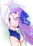  1girl ass back bangs blue_eyes blue_ribbon choker eyebrows_visible_through_hair fate/grand_order fate_(series) frills hair_ribbon leotard long_hair looking_at_viewer meltryllis meltryllis_(swimsuit_lancer)_(fate) off-shoulder_swimsuit off_shoulder purple_hair ribbon solo tenk very_long_hair 