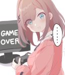  ... 1girl blue_eyes blush brown_hair cardigan collared_shirt controller flat_screen_tv game_controller game_over hair_ornament hairclip head_tilt holding long_sleeves looking_at_viewer looking_to_the_side nijisanji open_mouth pink_cardigan shirt simple_background solo spoken_ellipsis suzuhara_lulu tadanoshi_kabane television upper_body virtual_youtuber white_background white_shirt x_hair_ornament 