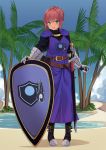  1girl armor beach belt blush breasts brown_belt cape commission eyebrows_visible_through_hair full_body green_eyes highres knight large_breasts looking_at_viewer original palm_tree parted_lips redhead ryan_edian sheath sheathed shield short_hair smile solo sword tan tree upper_teeth weapon 