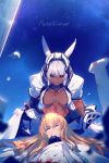  1boy 1girl animal_ears armor blonde_hair blood blood_from_mouth blood_on_face bloody_clothes bloody_hair blue_neckwear body_markings breasts caenis_(fate) cis05 closed_eyes column commentary_request dark_skin english_text eyebrows_visible_through_hair fate/grand_order fate_(series) hair_between_eyes hair_ornament hairband headpiece injury kirschtaria_wodime lap_pillow large_breasts long_hair looking_at_another night night_sky open_mouth pauldrons pillar shirt sky smile star tattoo teeth twitter_username very_long_hair white_armor white_hair white_shirt 