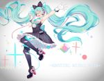  1girl 2016 aqua_eyes aqua_hair aqua_neckwear armpits ayan bare_shoulders black_bow black_dress black_legwear bow breasts cable commentary copyright_name cube dress framed_breasts frilled_sleeves frills full_body gloves graphic_equalizer hair_bow hand_up hatsune_miku headphones high_heels highres leg_up long_hair looking_at_viewer magical_mirai_(vocaloid) medium_breasts necktie one_eye_closed open_mouth outstretched_arm short_necktie smile solo symbol_commentary thigh-highs twintails very_long_hair vignetting vocaloid white_gloves 