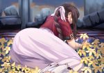  1girl aerith_gainsborough artist_name ass bl/ess bow bracelet braid brown_hair dress final_fantasy final_fantasy_vii flower hair_bow highres jewelry long_hair ponytail solo white_bow yellow_flower 