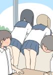  2boys 2girls accidental_exposure black_hair blonde_hair blush commentary faceless faceless_male facing_away juukyuu leaning_forward multiple_boys multiple_girls original panties panty_peek pink_panties school_uniform serafuku side_ponytail underwear white_panties window 