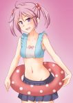  1girl :d anti_(untea9) blue_skirt cowboy_shot eyebrows_visible_through_hair hair_bobbles hair_ornament highres kantai_collection lifebuoy looking_at_viewer midriff navel open_mouth pink_hair pink_skirt pleated_skirt sazanami_(kantai_collection) short_hair skirt smile solo swimsuit twintails violet_eyes 