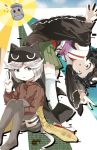  2others androgynous animal_ears black_eyes black_hair cabbie_hat cat_ears grey_hair hat highres japanese_clothes kijipoko len&#039;en multiple_others open_mouth rei_(len&#039;en) short_hair shorts sitting skirt smile thigh-highs v zelo_(len&#039;en) 