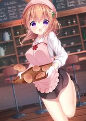  1girl :d absurdres apron bangs black_skirt bread brown_hair dutch_angle eyebrows_visible_through_hair food frilled_apron frills gochuumon_wa_usagi_desu_ka? hair_between_eyes hair_ornament hairclip highres holding hoto_cocoa indoors leg_up long_hair long_sleeves miniskirt open_mouth pink_apron pink_headwear pizzzica shirt short_hair skirt smile solo violet_eyes white_shirt 