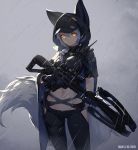  1girl arknights artist_name backlighting bangs baseball_cap black_gloves black_headwear black_pants bow_(weapon) braid breasts chinese_commentary cloak closed_mouth commentary_request cowboy_shot crop_top crossbow dated gloves hair_between_eyes hair_over_shoulder hat headphones highres hip_vent holding holding_bow_(weapon) holding_weapon holster hood hooded_cloak hoodie large_tail leggings long_hair looking_at_viewer medium_breasts midriff navel nian pants provence_(arknights) purple_hair rain single_braid solo standing stomach tail thigh_holster thigh_strap thighs walkie-talkie weapon wolf_tail yellow_eyes 