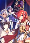  1boy 3girls :d ahoge ariane_(megami_no_yuusha_wo_taosu_gesu_na_houhou) armor ascot bangs belt belt_buckle blue_dress blue_eyes blush bracelet breastplate bridal_gauntlets buckle ceres_(megami_no_yuusha_wo_taosu_gesu_na_houhou) choker closed_mouth criss-cross_halter dark_elf dark_skin dress elbow_gloves elf fingerless_gloves frilled_hairband frills gem gloves hair_between_eyes hair_ribbon hair_tubes hairband halterneck hand_on_hip highres jewelry lolita_hairband long_hair long_sleeves looking_at_viewer maid maid_dress maid_headdress megami_no_yuusha_wo_taosu_gesu_na_houhou multiple_girls novel_illustration official_art one_side_up open_mouth own_hands_together pleated_skirt pointy_ears purple_hair red_eyes red_scarf redhead reno_ladel_krolo_petralah ribbon scabbard scarf sheath sidelocks silver_hair sitting skirt smile sotoyama_shinichi standing sword throne toosaka_asagi very_long_hair weapon white_legwear white_skirt yellow_eyes 