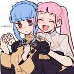  2girls artist_name blue_hair braid brown_eyes closed_eyes closed_mouth crown_braid do_m_kaeru fire_emblem fire_emblem:_three_houses garreg_mach_monastery_uniform hilda_valentine_goneril long_hair long_sleeves marianne_von_edmund multiple_girls open_mouth pink_hair simple_background twintails uniform upper_body white_background 