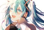  1girl aqua_eyes aqua_hair aqua_neckwear bare_shoulders black_sleeves commentary detached_sleeves hair_ornament hatsune_miku headphones headset highres light_blush long_hair looking_to_the_side necktie open_mouth portrait saihate_(d3) shirt smile solo sparkle twintails vocaloid white_shirt 