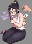  1girl 2020 agawa_ryou annoyed bare_shoulders black-framed_eyewear black_hair blush breasts commentary dated glasses grey_background original ponytail seiza signature simple_background sitting spoken_x sweatdrop thick_thighs thighs 