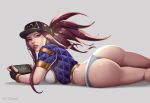  1girl ass back baseball_cap black_gloves blue_jacket breasts clover7 fingerless_gloves gloves handheld_game_console hat headset highres jacket k/da_(league_of_legends) k/da_akali large_breasts league_of_legends lips long_hair looking_back midriff no_pants nose panties puffer_jacket purple_hair short_sleeves solo tablet_pc thong underwear violet_eyes white_panties 