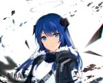 1girl arknights ban_xuan bangs black_jacket blue_eyes blue_hair eyebrows_visible_through_hair fur-trimmed_jacket fur_trim halo horns jacket long_hair looking_at_viewer mostima_(arknights) solo upper_body white_background white_jacket 