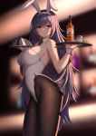  1girl :3 absurdres animal_ears bare_arms bare_shoulders between_breasts black_legwear black_neckwear bottle breasts bunny_tail bunnysuit closed_mouth cup detached_collar drinking_glass fake_animal_ears fake_tail from_side girls_frontline highres ice ice_cube kagi_f large_breasts leotard long_hair necktie necktie_between_breasts pantyhose purple_hair rabbit_ears sideboob solo standing tail tar-21_(girls_frontline) tray white_leotard wrist_cuffs yellow_eyes 