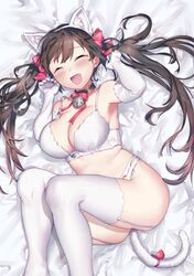  1girl animal_ears bra brown_hair cat_ears cat_tail closed_eyes elbow_gloves eyebrows_visible_through_hair gloves highres kirisaki_(miku-azu-2525) on_bed original smile solo tagme tail twintails underwear white_bra 