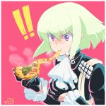  1boy biker_clothes black_gloves black_jacket blonde_hair blush chest cravat eating food gloves green_hair half_gloves highres jacket lio_fotia male_focus pizza promare short_hair smile solo uzukiyuni violet_eyes 