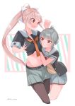  2girls absurdres bangs belt black_legwear blunt_bangs blush bow brown_eyes cosplay costume_switch cowboy_shot eyebrows_visible_through_hair green_skirt grey_hair grey_sailor_collar grey_skirt hair_bow highres kantai_collection long_hair multiple_girls neck_ribbon necktie pantyhose pink_hair pleated_skirt ponytail red_ribbon remodel_(kantai_collection) ribbon sailor_collar school_uniform serafuku short_sleeves skirt twitter_username uut very_long_hair white_bow yellow_neckwear yura_(kantai_collection) yuubari_(kantai_collection) 