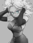  1girl android_21 blue_eyes breasts checkered checkered_dress detached_sleeves dragon_ball dragon_ball_fighterz dress glasses grey_background greyscale hands_up kemachiku large_breasts looking_at_viewer monochrome short_hair skirt solo 