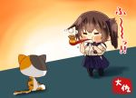  1girl artist_name black_legwear blue_hakama brown_hair bubble_blowing bubble_pipe cat closed_eyes commentary_request full_body hakama hakama_skirt japanese_clothes kaga_(kantai_collection) kantai_collection long_hair side_ponytail solo standing stuffed_animal stuffed_cat stuffed_toy taisa_(kari) tasuki yellow_background 