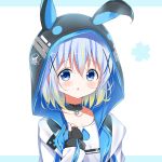  1girl animal_ears animal_hood bangs black_choker black_gloves blonde_hair blue_background blue_eyes blue_hair blush bunny_hood chestnut_mouth choker clockwork_rabbit collarbone commentary_request deyui eyebrows_visible_through_hair fake_animal_ears fingerless_gloves gloves gochuumon_wa_usagi_desu_ka? gradient_hair hair_between_eyes hair_ornament hand_up hood hood_up hooded_jacket jacket kafuu_chino long_sleeves looking_at_viewer multicolored_hair parted_lips rabbit_ears shirt solo streaked_hair two-tone_background upper_body white_background white_jacket white_shirt x_hair_ornament 