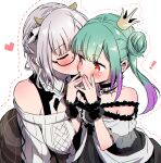  2girls absurdres bangs blush breasts double_bun dress glasses green_hair hair_ornament highres hololive kiss kissing_cheek large_breasts looking_at_viewer multiple_girls red_eyes shirogane_noel short_hair silver_hair skull_hair_ornament tsumumi_(kandume103) uruha_rushia virtual_youtuber 